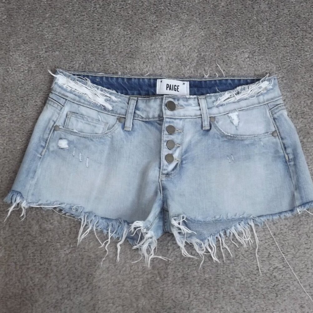 PAIGE Madison Button Front Raw Hem Pilot Wash Distressed Shorts 26